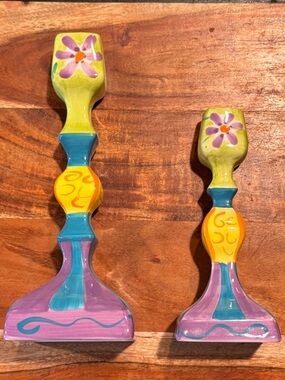 Set of 2 Hand-Painted Multicolor Ceramic Candlestick Holders by Papel Giftware